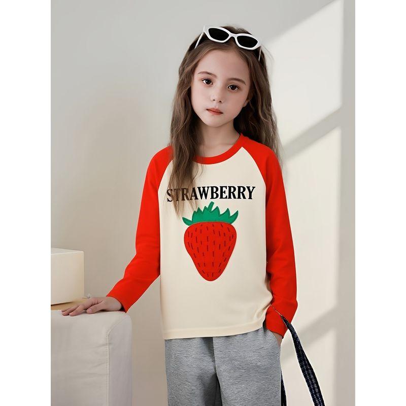 Girls' New Spring Korean-Style Brand Foreign Trade Children's Clothing, Children's Patchwork Strawberry Pure Cotton Long-Sleeve T-Shirt Baby Clothes