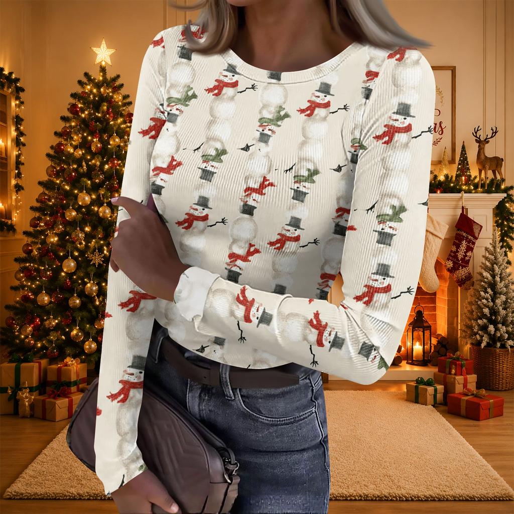 Женский повседневный топ с рождественским принтом, длинным рукавом и воротником в рубчик