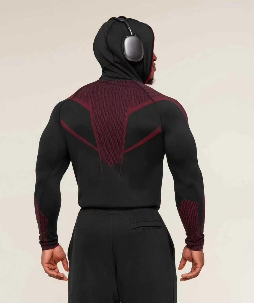 Мужская фитнес-футболка с длинным рукавом и капюшоном GYMSHARK Onyx с высокой эластичностью
