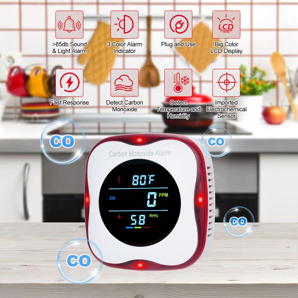Carbon Monoxide Detectors Plug In Wall 3in1 CO Detector Humidity Temperature Meter with LCD
