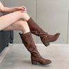 Cowhide Version~ Maillard Strap Buckle Thick Heel High Knight Boots Women's Autumn and Winter New Suede Pointed Western Boots
