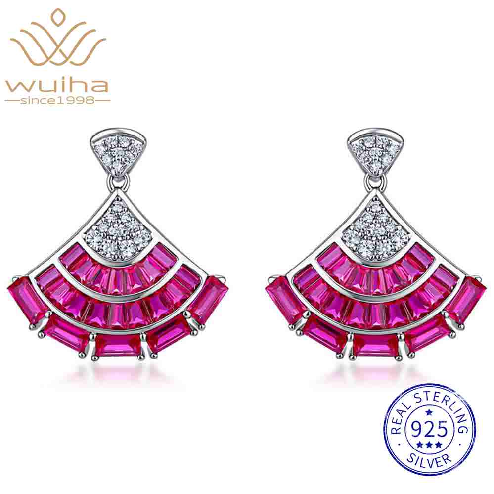 WUIHA Vintage 100% 925 Sterling Silver Lab Sapphire Ruby High Carbon Diamonds Gemstone Cocktail Studs Earrings Fine Jewelry
