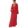 Women Evening Dress Deep V Neck Pleated Long Sleeves Solid Color High Waist Vacation Beach Party Maxi Dress