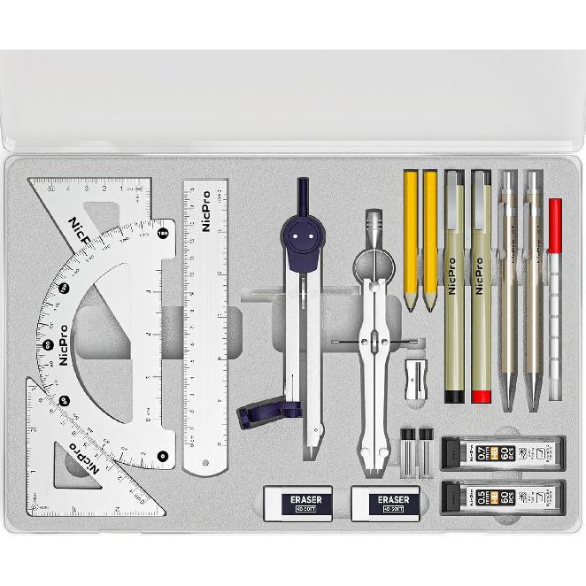Nicpro 20PCS Professional Geometry Set with Case, Drafting Tools with Protractor and Compass, Metal Rulers, Triangles, Pens, Pencils, Drawing