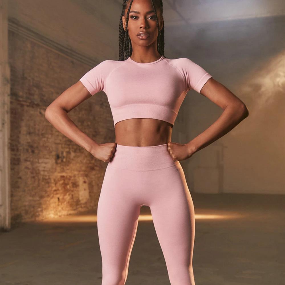 Женский однотонный комплект для йоги с высокой талией: Топ с коротким рукавом и длинные брюки, костюм-двойка