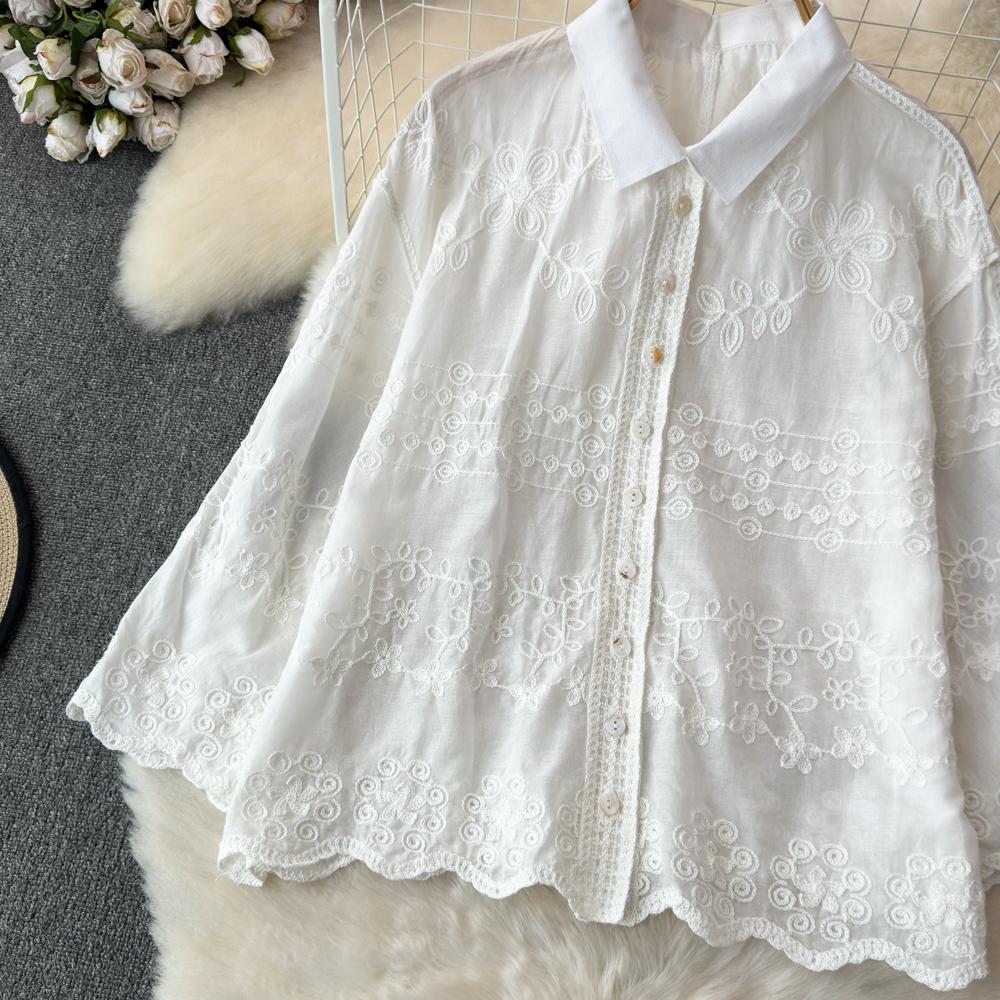 Dimanaf 2025 Новая летняя весенняя блузка рубашка женская с длинным рукавом базовые модные топы футболки кружевные повседневные свободные белые футболки