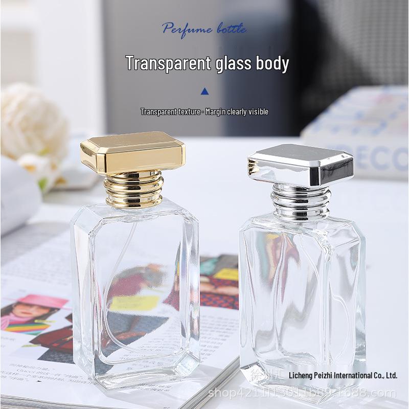T-shaped Cap Glass Perfume Bottle, 50ml Flat Square with Angled Corners