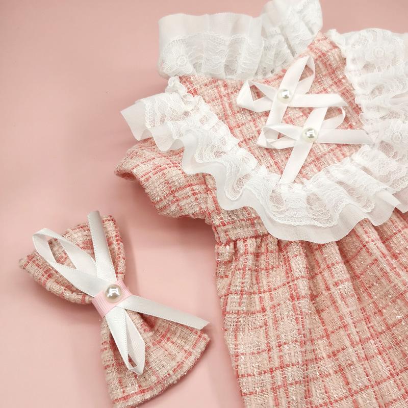 INS Pet Dog Plaid Dress with Clip Hair Cute Colling Set Cat Clothing Spring Autumn Niche Lace Dress Dog Clothing for Small Dogs