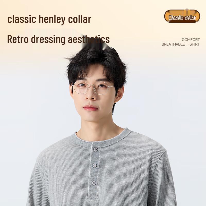 MINISO Men's Waffle Knit Henley Long Sleeve T-Shirt