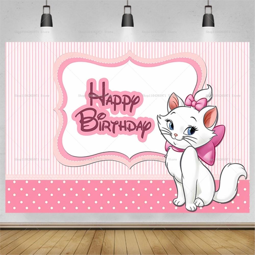 Beautiful cat Marie birthday background poster, cartoon white cat theme for girls birthday party decorations, photo background accessories.