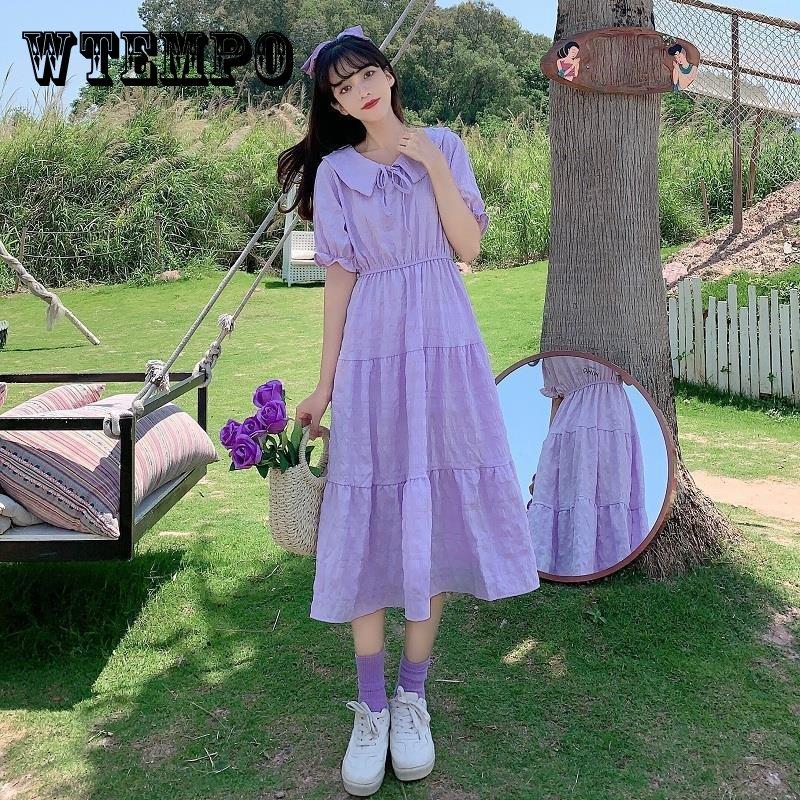 Cute Sweet Well-behaved Girl Solid Color Bow Ruffle Mid-length A-shaped Skirt Age Reduction Looser  Short Sleeve Dress