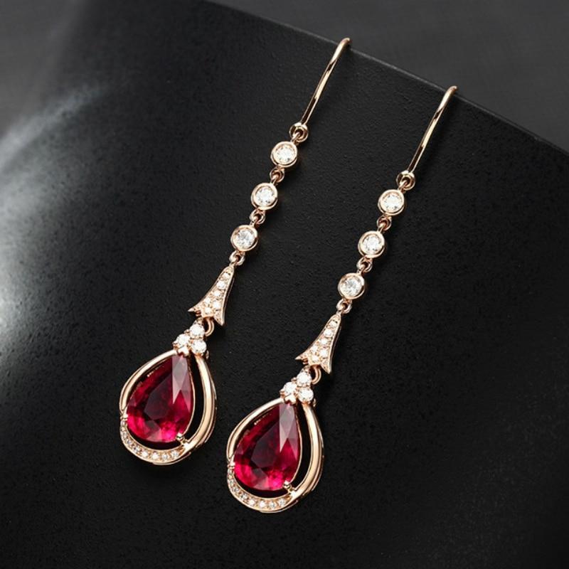 BELLA BOX Charms Long Earrings For Women Water Drop Shaped Gemstone Ruby Elegant Female