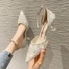 Fashion Shoes For Women Bling Shing Women Pumps 2024Ankle Strap Crystal High Heels Shoes Woman Pointed Toe Thin Heel Wedding Party Shoes