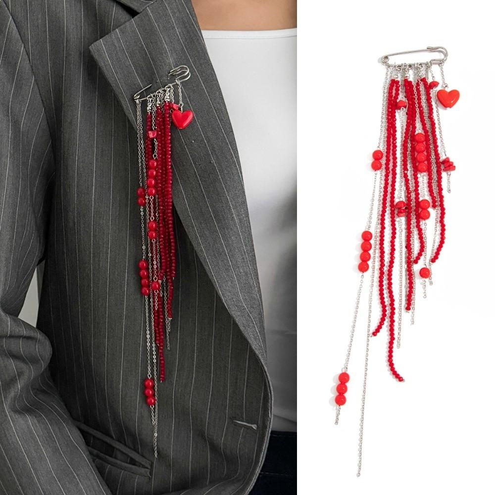 Love Heart Beaded Tassel Chain Brooch Multi-Layer Design Suit Pin Pendant Gifts Chain Pin