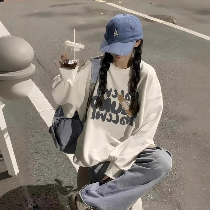 Spring 2025 Girls' Cotton Crew Neck Fleece Sweatshirt, Big Kids, Middle & High School, Loose Fit, Long-Sleeved, No Hood