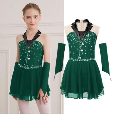 Платье для бальных танцев для девочек-подростков, шифоновая фатиновая танцевальная одежда для танго, румбы, самбы, нарядный костюм для катания на коньках (платье+перчатки)