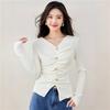 Elegant Sexy V-Neck Long Sleeve T-shirt, Slim Fit Short Top for Women with Trendy Design