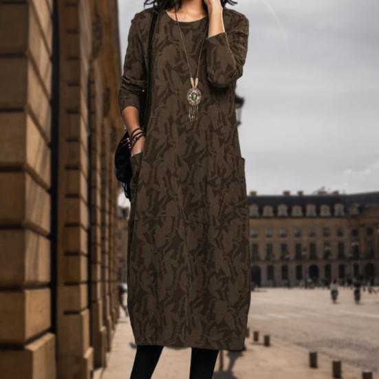 Женское весенне-осеннее платье миди с круглым вырезом и длинными рукавами, карманами, дизайнерским принтом, свободное элегантное платье, уличная одежда