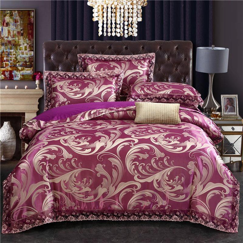Комплект постельного белья из европейского сатинового жаккарда - с кружевной отделкой, комплект из 4 предметов