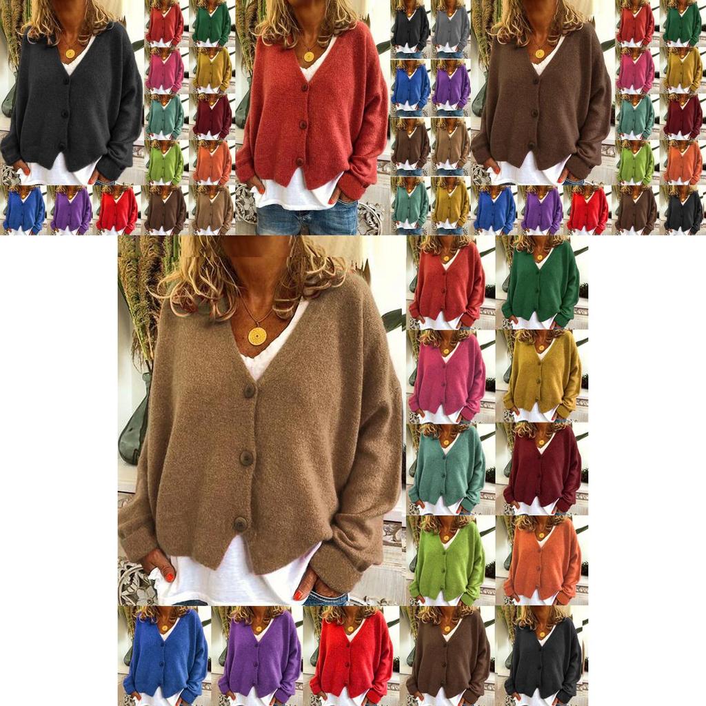 Knitted Womens Plain Coat Cardigan Ladies Button Loose Jumpers Sweater Size Plus