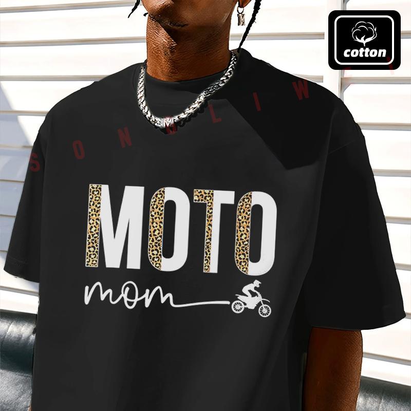 Moto Mom Leopard Motocross Mom Motocross Mother Men's T Shirt Casual Mens Cotton Round Neck Sho