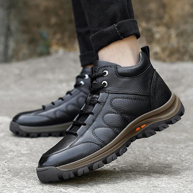 Fashion Italian Genuine Leather Men Casual Shoes Luxury Brand Fashion High Top Sneakers Shoes Winter Warm Men Outdoor Non-Slip Boots