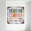 Vintage Rustic Reading Corner Metal Tin Sign - Multicolor Bold Text (READING, CORNER, READ - LEARN - GROW) with Brown Rust Spots