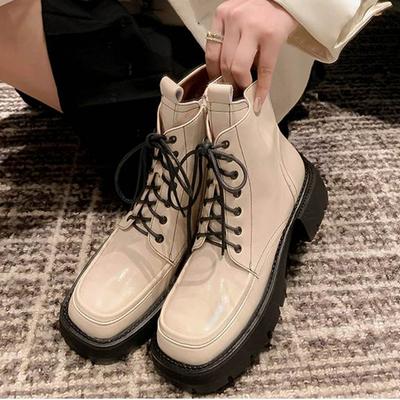 Зимняя обувь из коровьей кожи, красивые женские ботильоны на толстом среднем каблуке на шнуровке, британские школьные женские ботильоны на платформе
