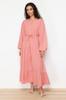Women's Hijab Dress New Season Fashion Dusty Rose Button and Waist Tie Detailed Woven Dress