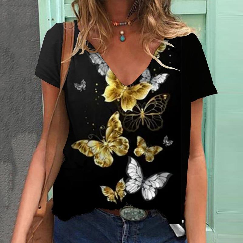 Летняя новая женская футболка с короткими рукавами и V-образным вырезом с принтом бабочки 3D