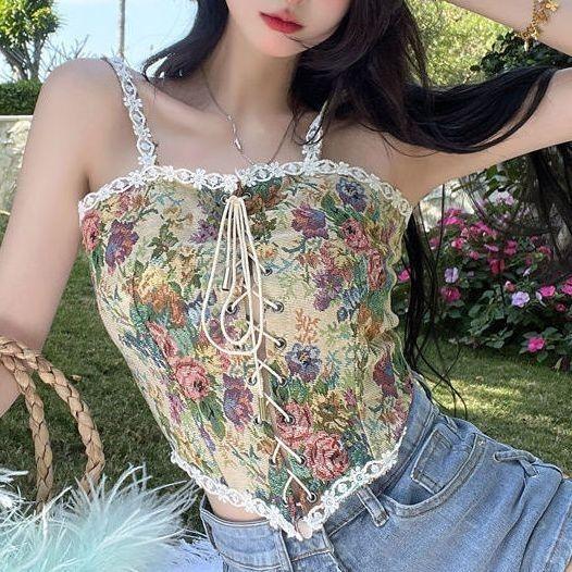 2023 Sexy Designer Vintage Print Halter Tops Women Chic Bandage Floral Corset Shirts Female High Street Party Club Ladies Top