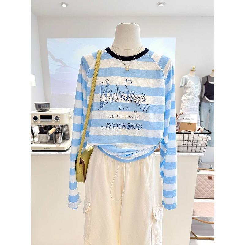 Модная блузка из тюля с круглым вырезом, в полоску с принтом, для защиты от солнца, футболка с длинным рукавом, женский универсальный свободный топ