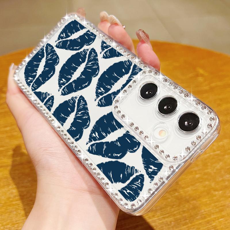 Мягкий силиконовый чехол с принтом в виде губ и ромбовидной рамкой для Samsung S25 Edge S24 FE S23 Ultra S22 A16 A56 A36 A15 A55 A35, прозрачный противоударный чехол для телефона