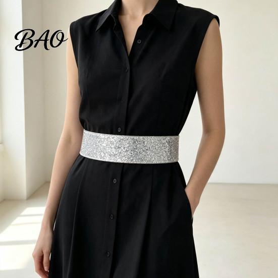 Fashion Waist Accessory for Dresses Stretchy Sequined Belt, Women Sparkly Wide Retro Dress Evening Party Snap Buttons, Glittery Elastic Band