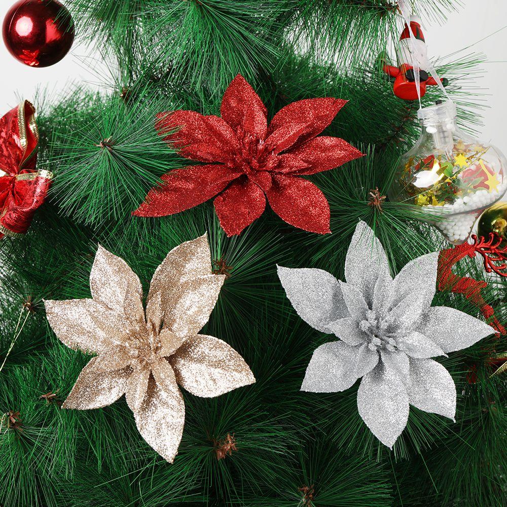 Merry Christmas Xmas Tree Decorations Poinsettia Glitter Flower Christmas Flowers Fake Flowers