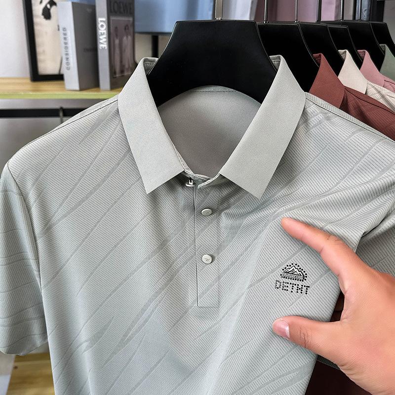 Мужская футболка-пуловер с лацканами из шелка Ice Silk с короткими рукавами, модная рубашка-поло, повседневный топ для отца