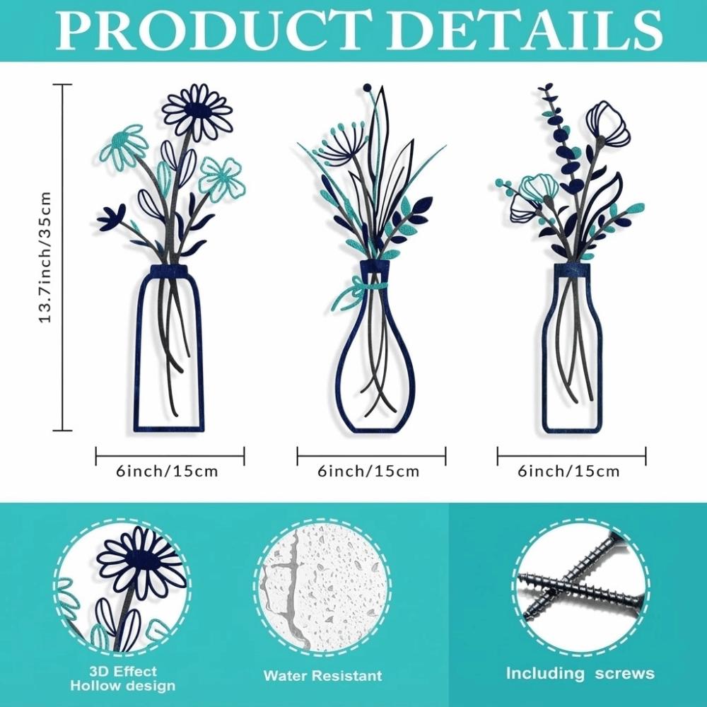 3 Pieces Set Metal Material Metal Flowers Wall Art 3D Boho Farmhouse Floral Decor Vase Design 3D Flower Vase Living Room