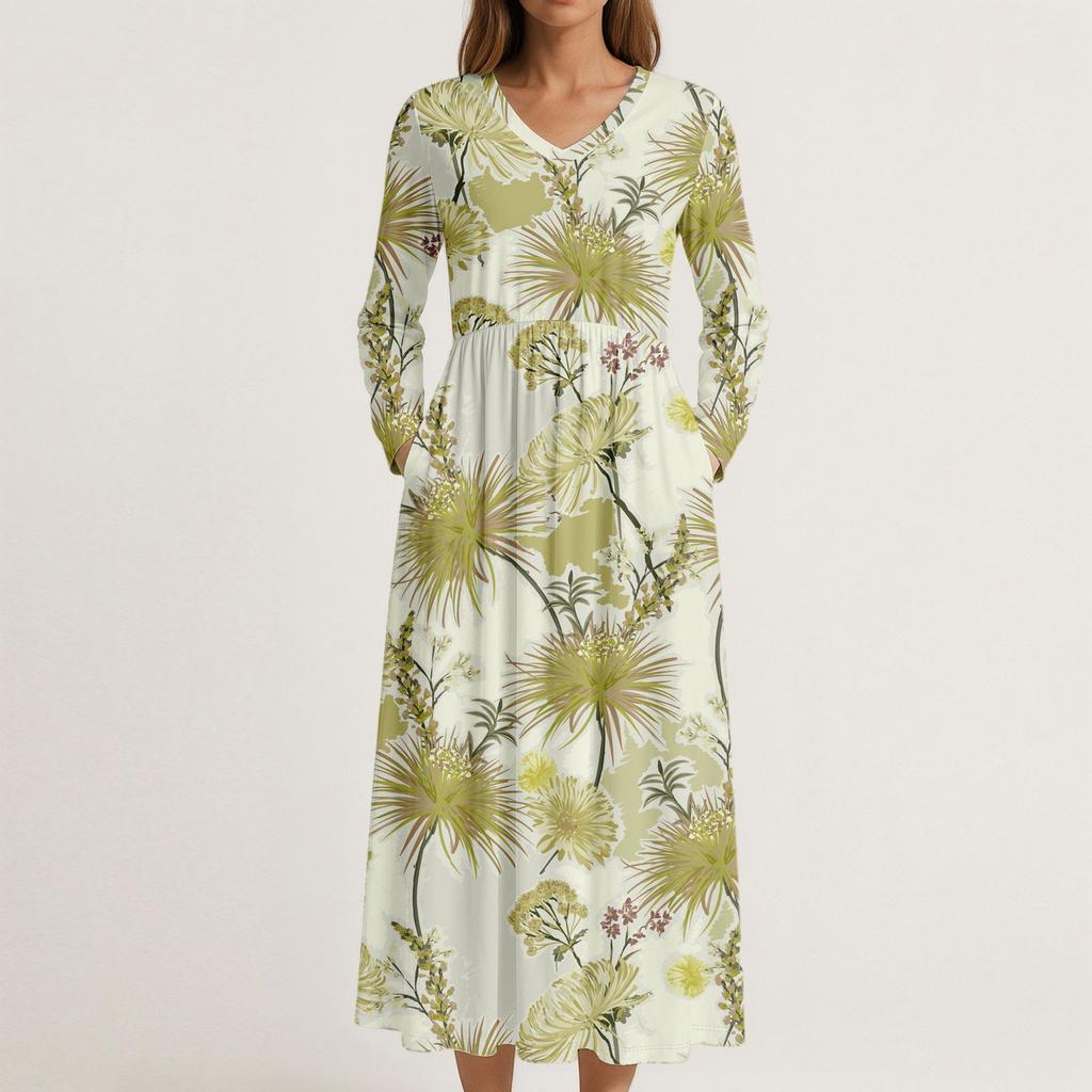 Платье для женщин длинное бохо пляжное платье элегантное макси-платье V-образный вырез длинный рукав платье с карманами