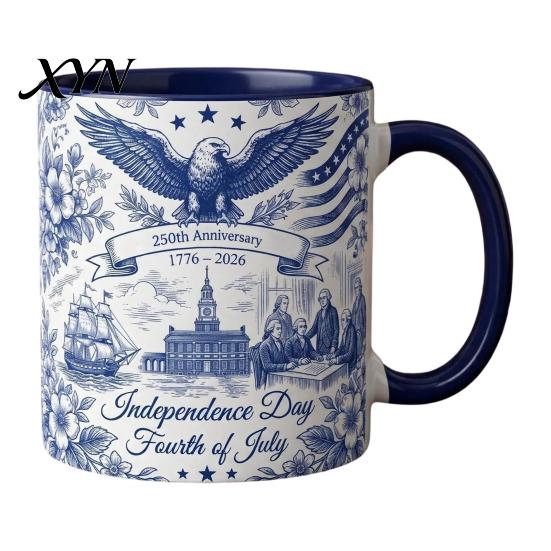 Independence Day Cup USA 250th Anniversary Blue Mug, Patriotic Ceramic Coffee with Heritage Eagle Flag Design, Gift for Veterans Men Women Durable