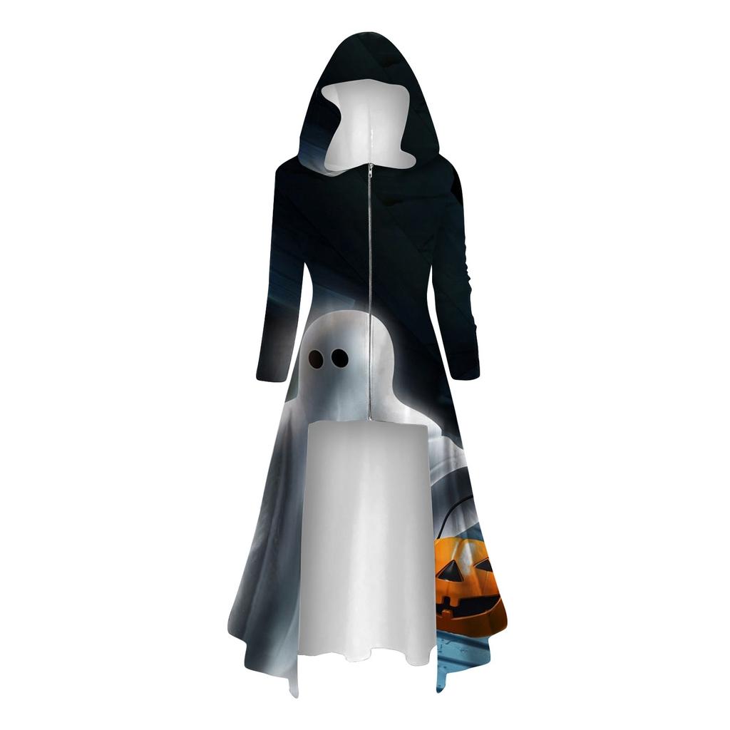 Модные женские топы на Хэллоуин с длинными рукавами и длинными капюшонами, винтажные накидки на молнии, свободные платья