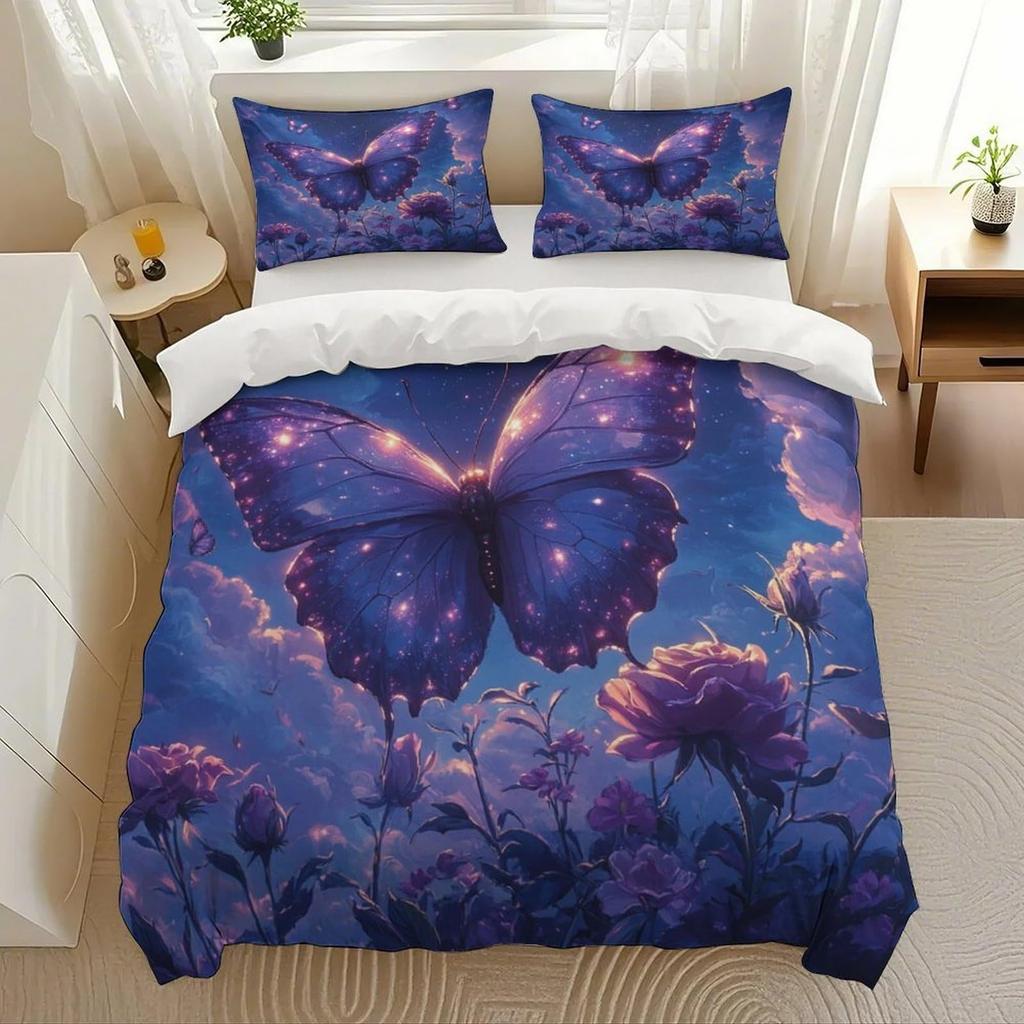 Set de așternuturi 2/3 bucăți cu Imprimeu Digital, Husă de Plapumă Confortabilă pentru Decorarea Camerei de Dormit de Acasă, 1 Husă de Plapumă și 2 Fețe de Pernă cu Fermoare
