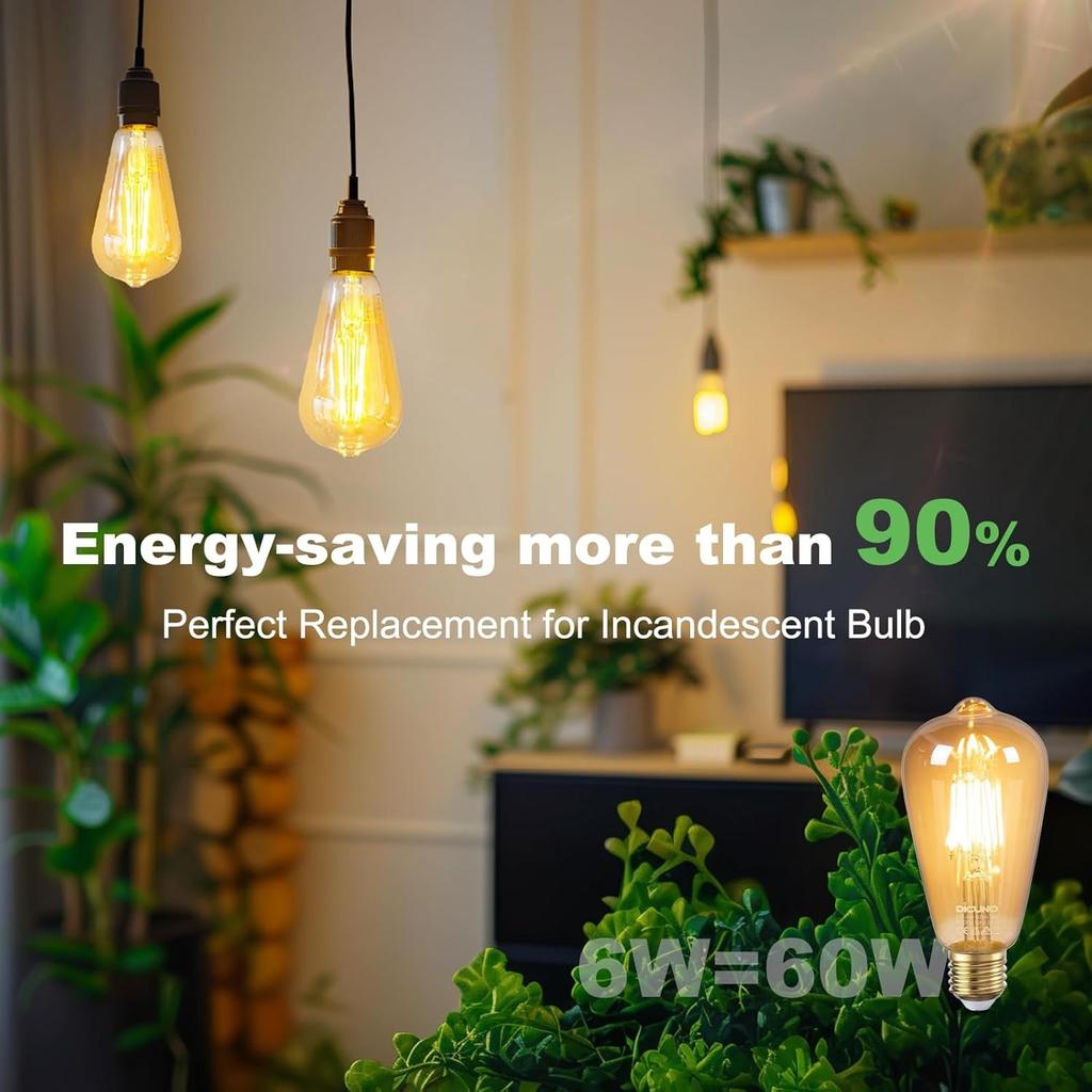 Винтажная лампочка E27 Лампа Эдисона с винтовым цоколем, 6 Вт эквивалент 60 Вт, Ретро лампа из янтарного стекла, 2200 К теплый белый, Недиммируемая, Светодиодная лампа с нитью накаливания ES
