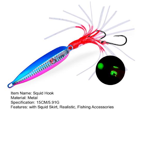 15CM/5.91G Luminous Squid Jig Hook Slow Shaking Glow-in-the-dark Squid Skirt Lure with Weight Sinker Deep Sea Trolling Fishing Bait