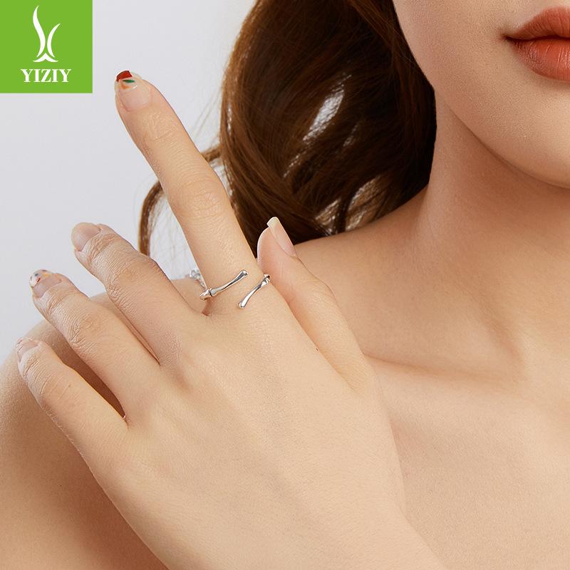 S925 Sterling Silver Simple Bamboo Open Ring, Cross-Border Fashion Minimalist Style Adjustable Ring Jewelry