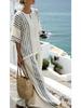 European & American Style Women's 2-Piece Set: Striped Short Sleeve Linen Cotton Top with Round Neck & Casual Pants, 2025