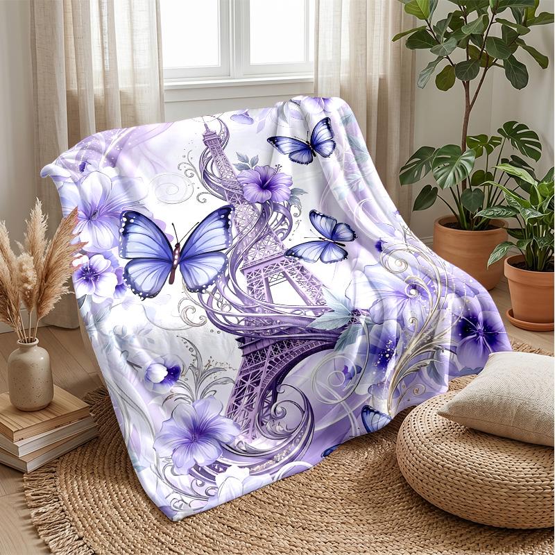 Eiffel Tower with Butterflies and Flowers Theme blanket Lightweight Warm Flannel Blanket Decorative Throw Blanket for Home Decoration