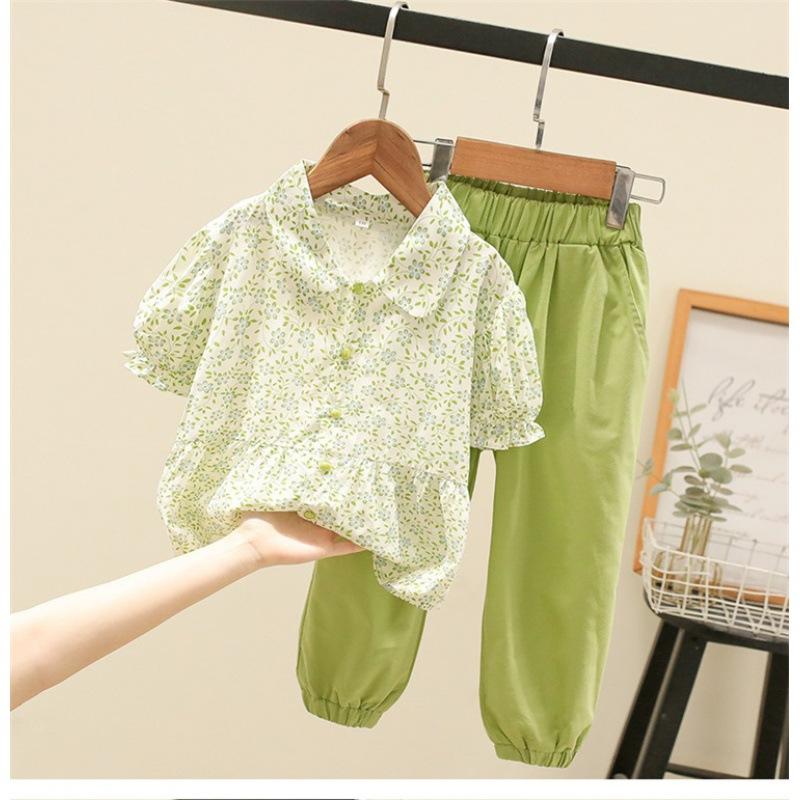Korean Girls Summer Floral Short Sleeve Shirt And Casual Pants Two Piece Set Fashionable Outfit For Big Kids