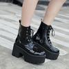 Sexy Woman Lace Autumn Boots Ladies Chunky Wedge Platform Black Patent Leather Ankle Boots Punk Goth