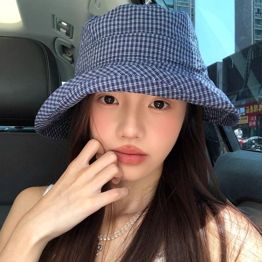 Curled Plaid Sun Hat Summer Fisherman Caps Fashion Plaid Bucket Cap  for Women