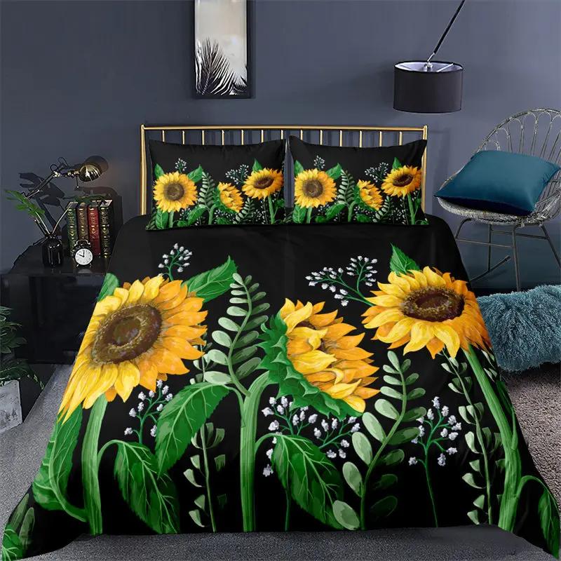 Sunflower Bedding Set Modern Microfiber Yellow Flowers Print Duvet Cover Alluring Sunflowers Summer Inspired Design Quilt Cover